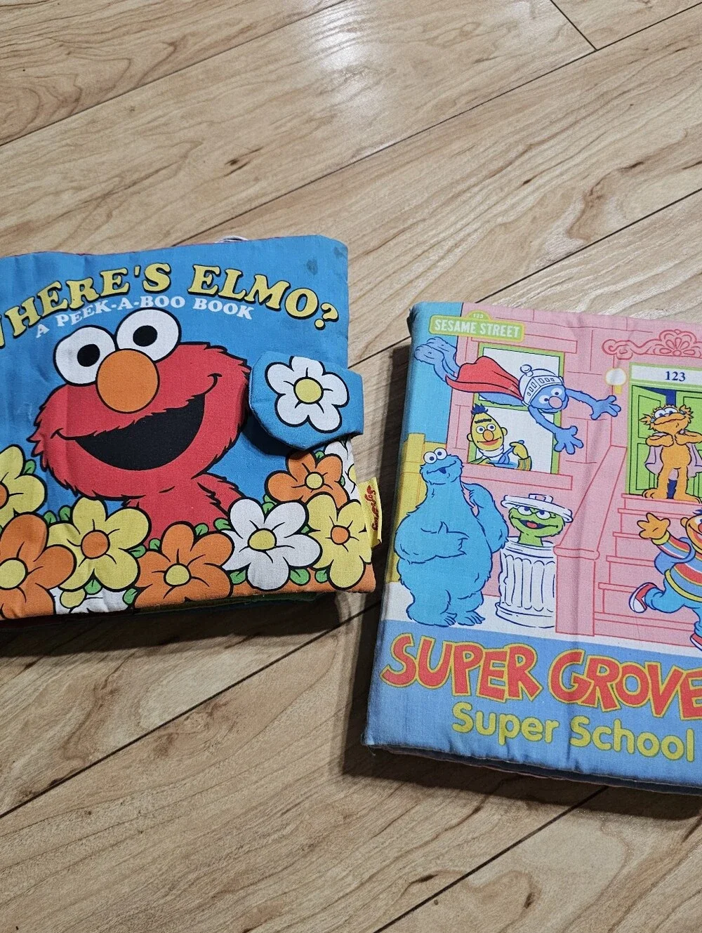 90s Sesame Street SoftPlay Elmo Peek-A-Boo & Grover Super School VTG Cloth Books